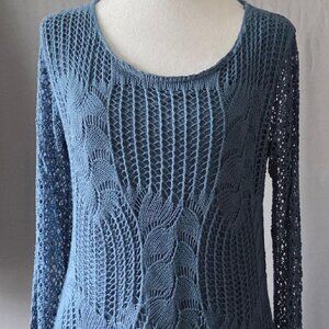 Made in Italy Blue Crochet Lace Knit Sweater Boho Scalloped Hem Viscose Blend M